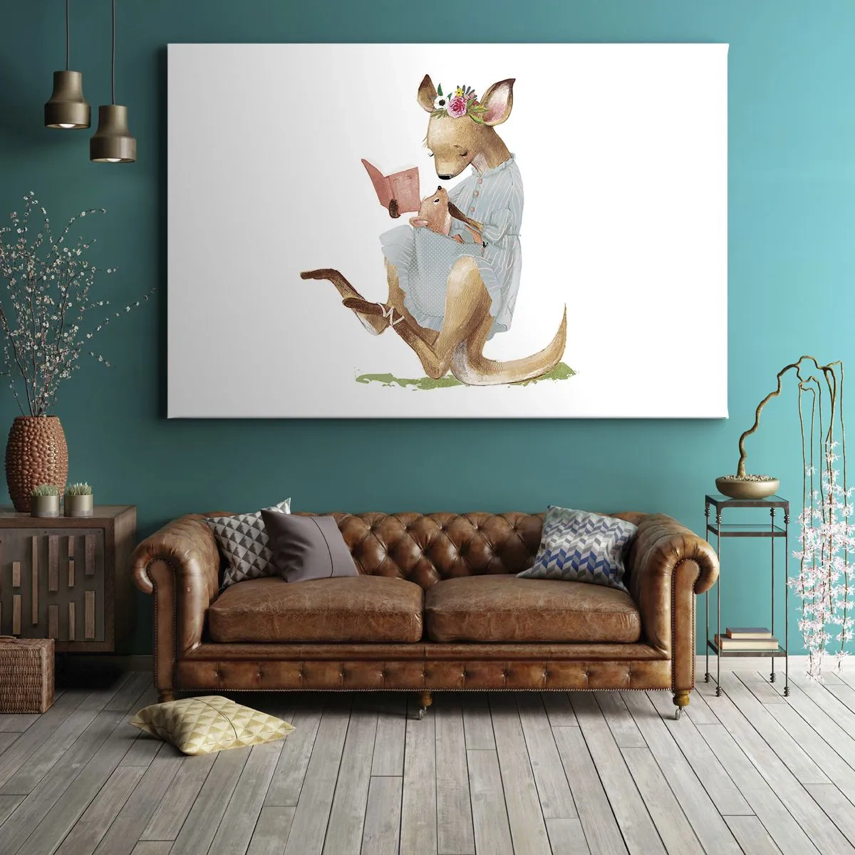 Bild auf Leinwand - Leinwandbild - Kanga liest mit einem Baby ein Buch - 70x50cm - Lies mir vor Mama - Moderne Wanddekoration für Wohnzimmer und Schlafzimmer ARTTOR