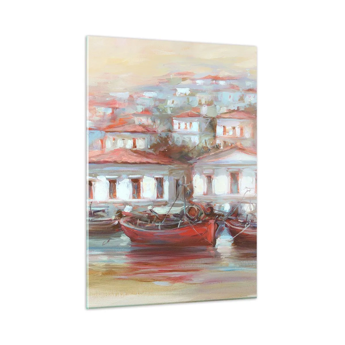 Glasbild - Bild auf glas - Eine malerische Stadt mit Booten im Hafen bei Sonnenuntergang - 50x70cm - Glückliche Stadt - Moderne Wanddekoration für Wohnzimmer und Schlafzimmer ARTTOR
