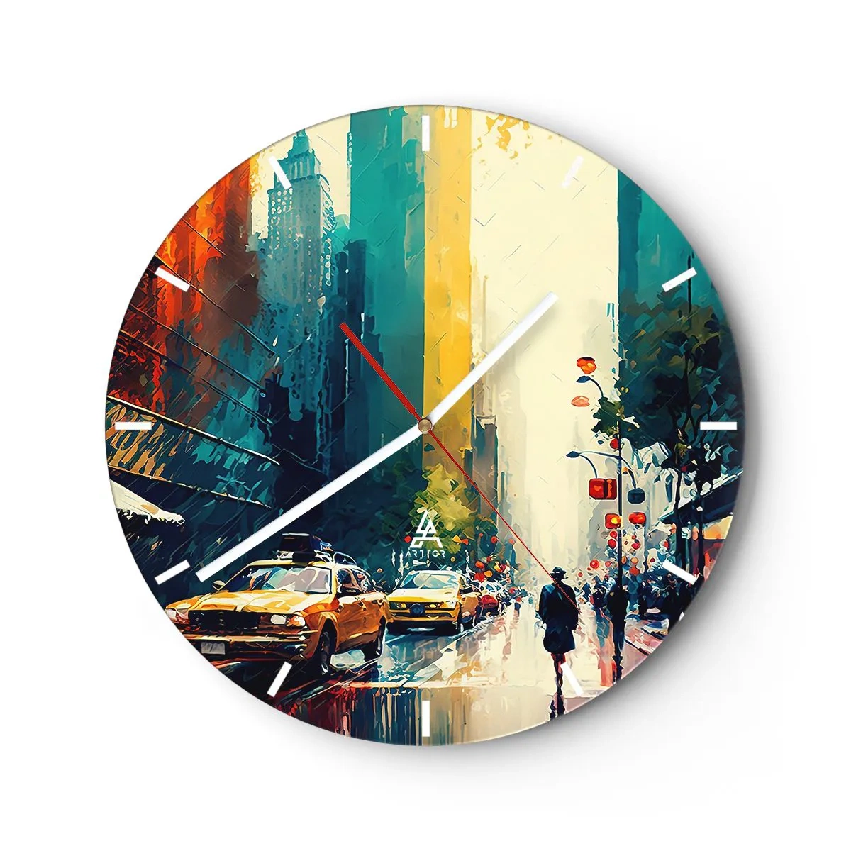 Wanduhr - Glasuhr - Eine farbenfrohe New Yorker Straße mit Taxis und Fußgängern im Regen - 30x30cm - New York – selbst der Regen ist hier bunt - Moderne Wanddekoration für Wohnzimmer, Küche und Schlafzimmer ARTTOR
