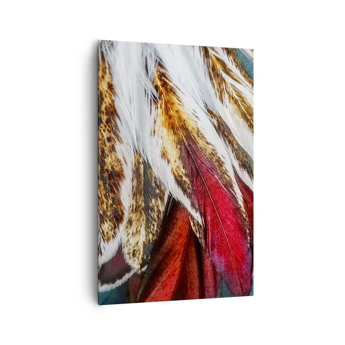 Bild auf Leinwand - Leinwandbild - Nahaufnahme von mehrfarbigen Federn in leuchtenden, intensiven Farben - 80x120cm - Geheimnisse des Fliegens - Moderne Wanddekoration für Wohnzimmer und Schlafzimmer ARTTOR