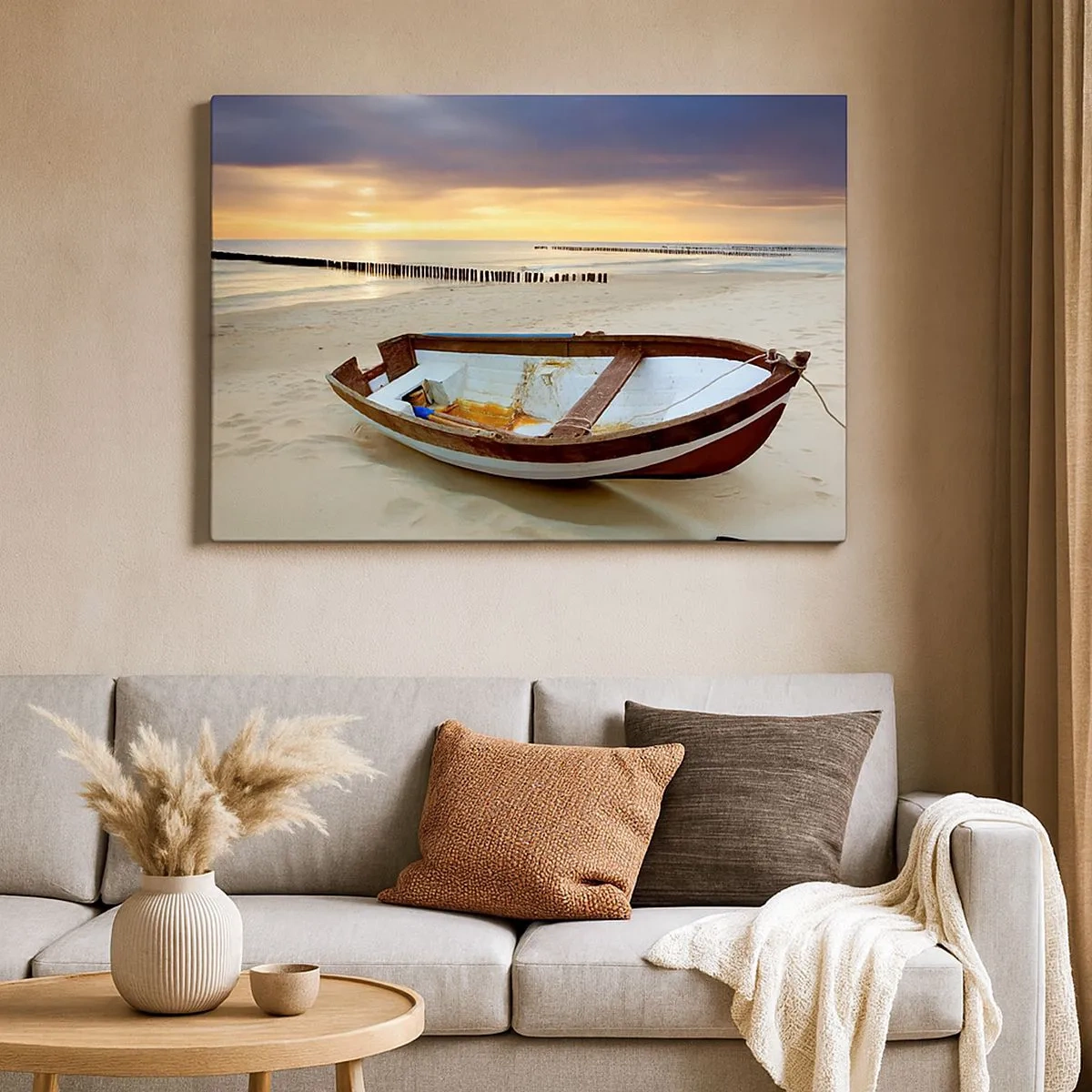 Bild auf Leinwand - Leinwandbild - Ein Boot an einem Sandstrand bei Sonnenuntergang - 70x50cm - Es gibt keine schöneren Strände - Moderne Wanddekoration für Wohnzimmer und Schlafzimmer ARTTOR