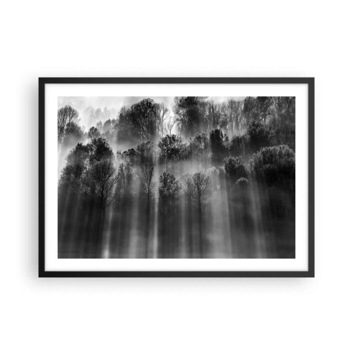 Poster in einem schwarzem Rahmen - Schwarz-weißer Wald im Morgenlicht - 70x50cm - In Lichtstrahlen - Moderne Wanddekoration für Wohnzimmer und Schlafzimmer ARTTOR