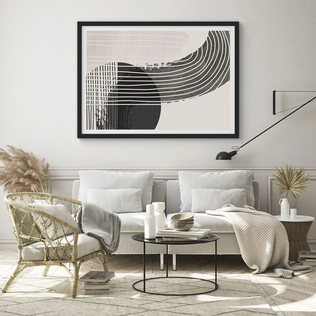 Poster in einem schwarzem Rahmen - Abstraktes Muster mit Linien und geometrischen Formen - 100x70cm - Hin und zurück - Moderne Wanddekoration für Wohnzimmer und Schlafzimmer ARTTOR