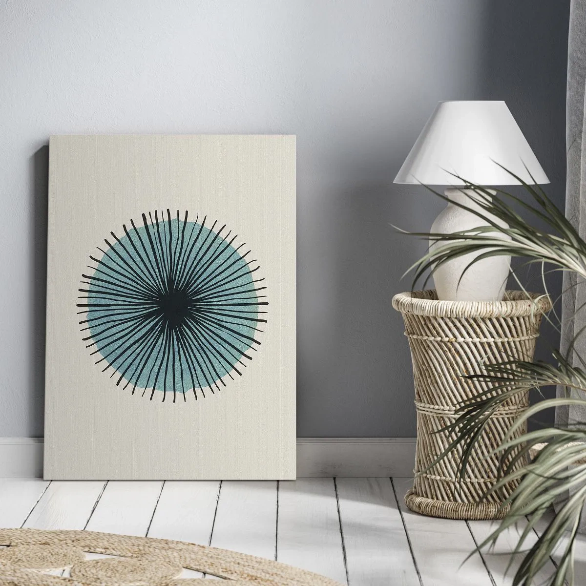 Bild auf Leinwand - Leinwandbild - Abstrakte Kreisform mit blauen Strahlen - 50x70cm - Strahlend im Blau - Moderne Wanddekoration für Wohnzimmer und Schlafzimmer ARTTOR