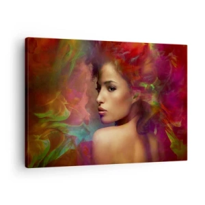 Bild auf Leinwand - Leinwandbild - Eine Frau mit bunten Reflexionen, die einen abstrakten Hintergrund erzeugen - 70x50cm - Schöner als ein Regenbogen, so zart wie ein Nebel - Moderne Wanddekoration für Wohnzimmer und Schlafzimmer ARTTOR