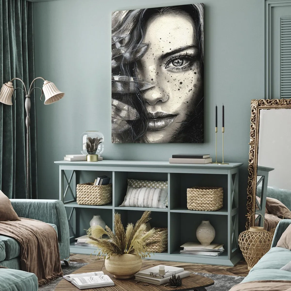 Bild auf Leinwand - Leinwandbild - Künstlerisches Frauenporträt mit abstrakten Details - 50x70cm - Wilde Schönheit - Moderne Wanddekoration für Wohnzimmer und Schlafzimmer ARTTOR