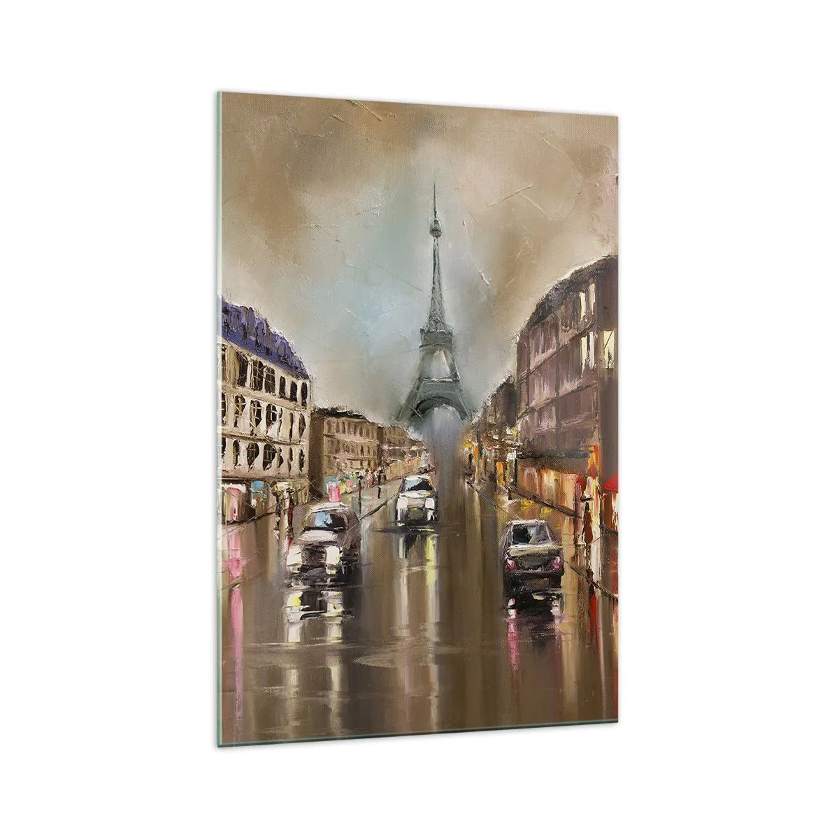 Glasbild - Bild auf glas - Abendliches Straßenbild von Paris mit Blick auf den Eiffelturm - 70x100cm - Nur sie zählt - Moderne Wanddekoration für Wohnzimmer und Schlafzimmer ARTTOR