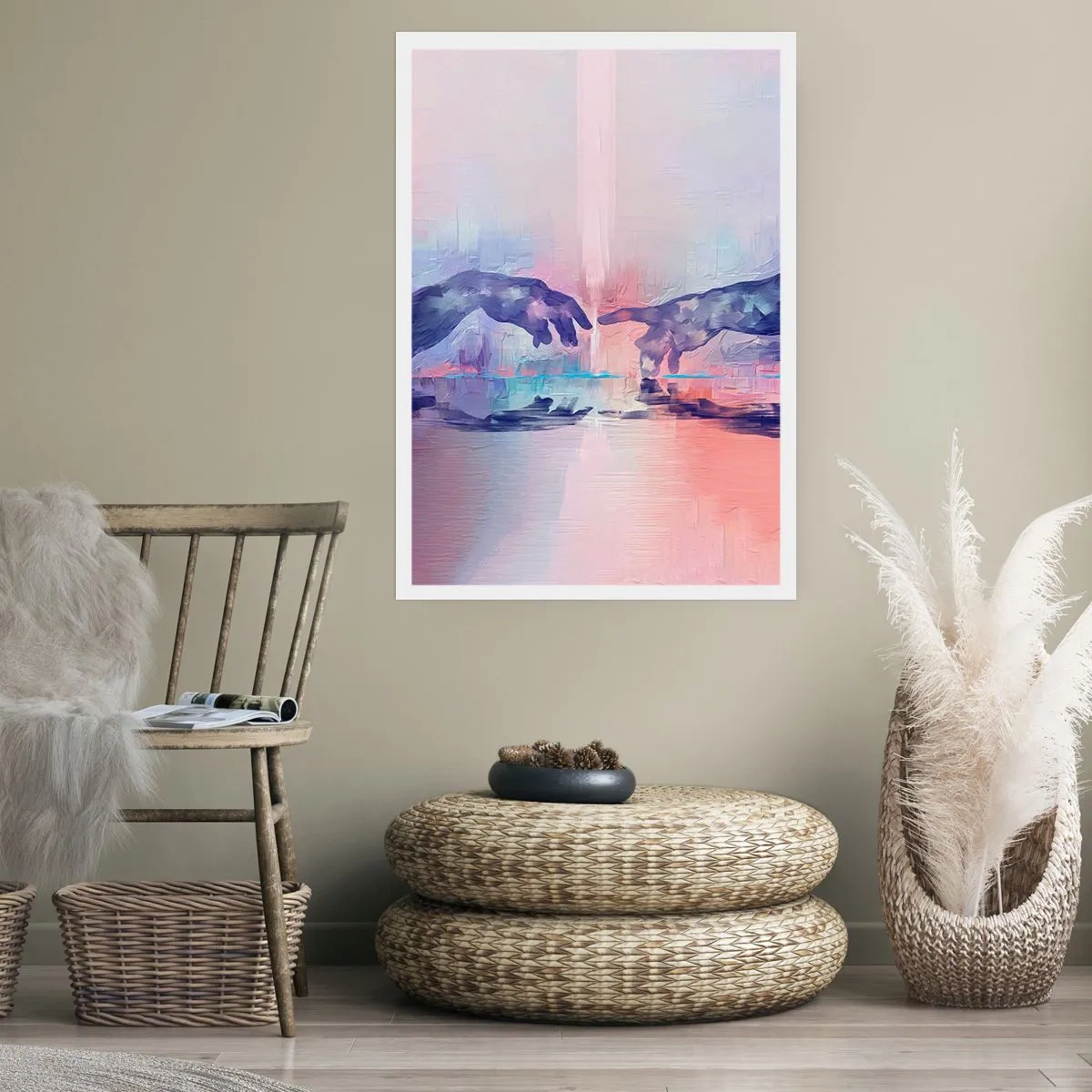 Poster - Abstrakte Hände in Pastellfarben - 50x70cm - Göttlicher Funke des Lebens - Moderne Wanddekoration für Wohnzimmer und Schlafzimmer ARTTOR