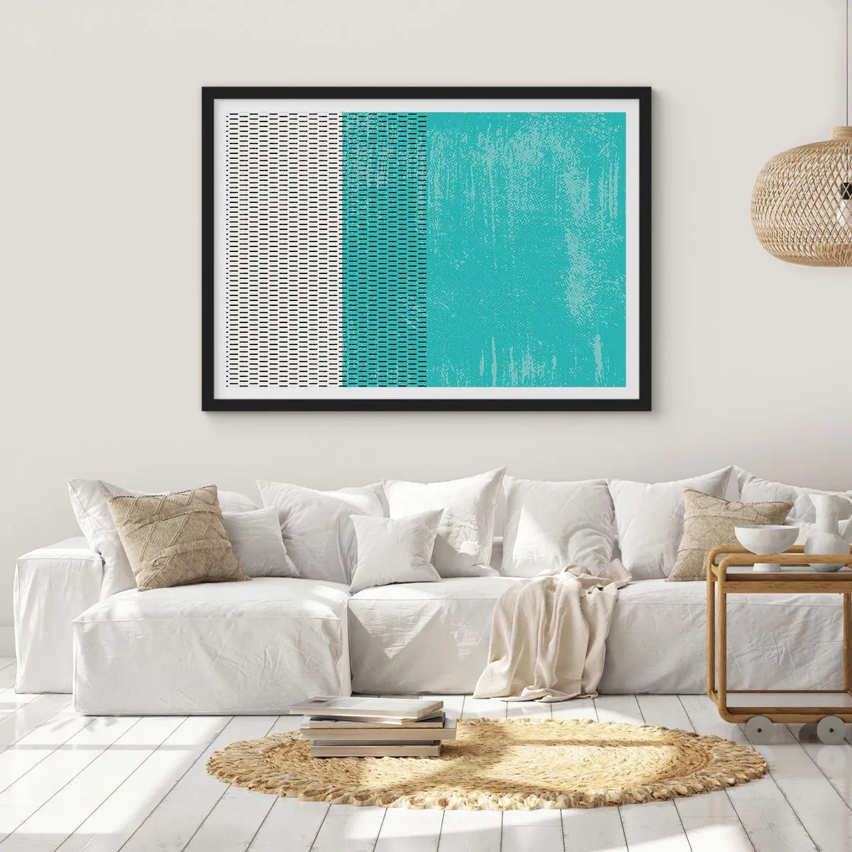 Poster in einem schwarzem Rahmen - Geometrische Komposition mit Türkis und Linien - 70x50cm - Eine ausgewogene Komposition - Moderne Wanddekoration für Wohnzimmer und Schlafzimmer ARTTOR