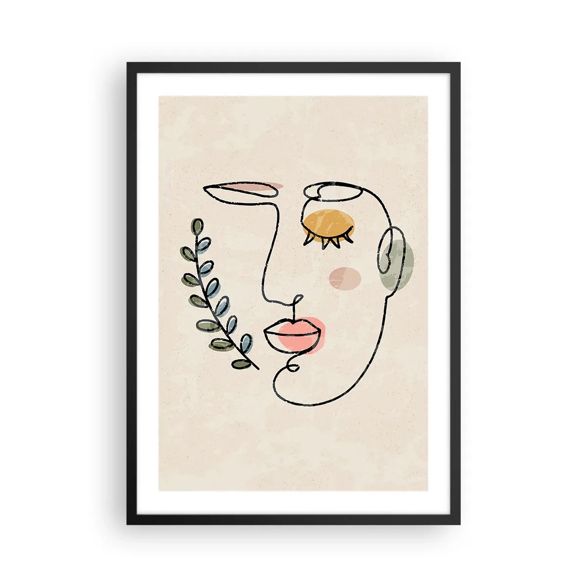 Poster in einem schwarzem Rahmen - Minimalistisches Linienporträt einer Frau auf beigem Hintergrund - 50x70cm - Frieden ist gefunden - Moderne Wanddekoration für Wohnzimmer und Schlafzimmer ARTTOR