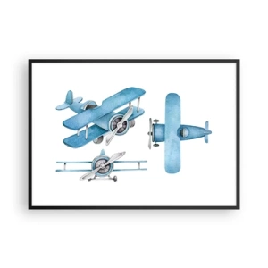 Poster in einem schwarzem Rahmen - Blaue Retro-Flugzeuge - 100x70cm - Geboren um zu gewinnen - Moderne Wanddekoration für Wohnzimmer und Schlafzimmer ARTTOR