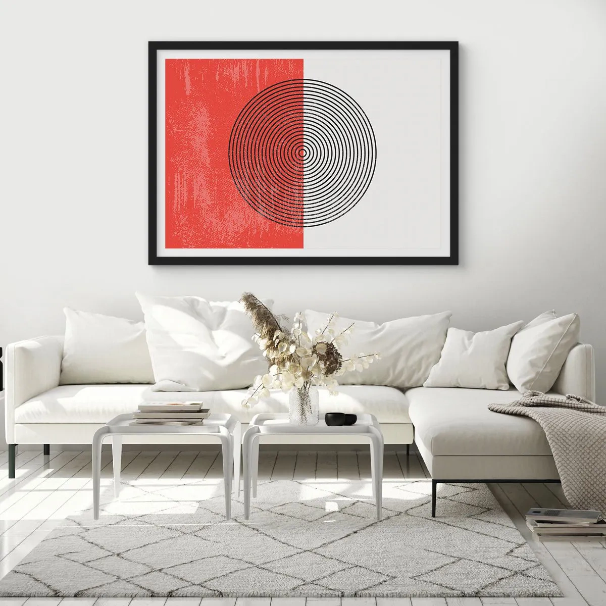 Poster in einem schwarzem Rahmen - Geometrisches Muster mit konzentrischen Kreisen auf rot-weißem Hintergrund - 100x70cm - Auf den Punkt gebracht - Moderne Wanddekoration für Wohnzimmer und Schlafzimmer ARTTOR