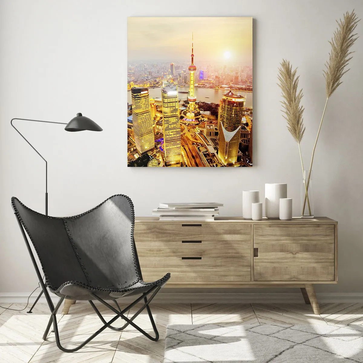 Glasbild - Bild auf glas - Panorama der Stadt bei Sonnenuntergang mit Wolkenkratzern - 50x70cm - Asiatischer Traum - Moderne Wanddekoration für Wohnzimmer und Schlafzimmer ARTTOR