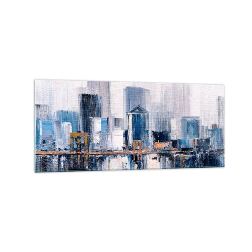 Glasbild - Bild auf glas - Abstraktes Stadtpanorama mit Blau- und Gelbtönen - 120x50cm - New Yorker Eindruck - Moderne Wanddekoration für Wohnzimmer und Schlafzimmer ARTTOR
