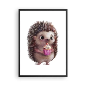 Poster in einem schwarzem Rahmen - Ein süßer Igel hält einen bunten Cupcake - 50x70cm - Der Feiertag ist jeden Tag - Moderne Wanddekoration für Wohnzimmer und Schlafzimmer ARTTOR