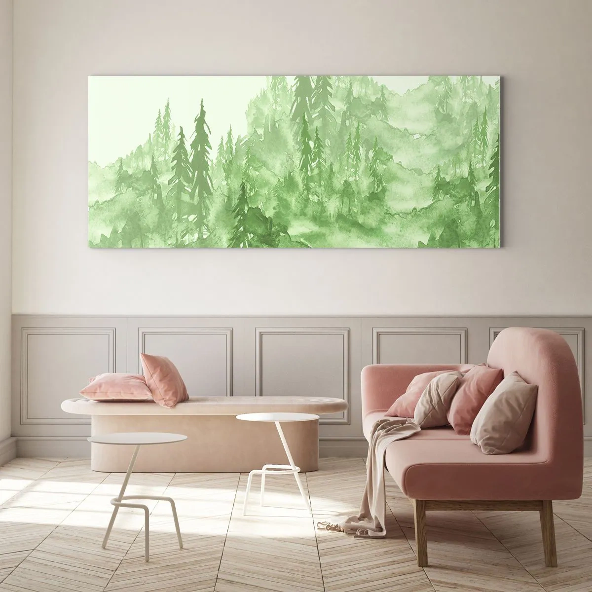 Glasbild - Bild auf glas - Grüner Wald im Aquarellstil auf hellem Hintergrund - 120x50cm - Verschwommen mit grünem Nebel - Moderne Wanddekoration für Wohnzimmer und Schlafzimmer ARTTOR