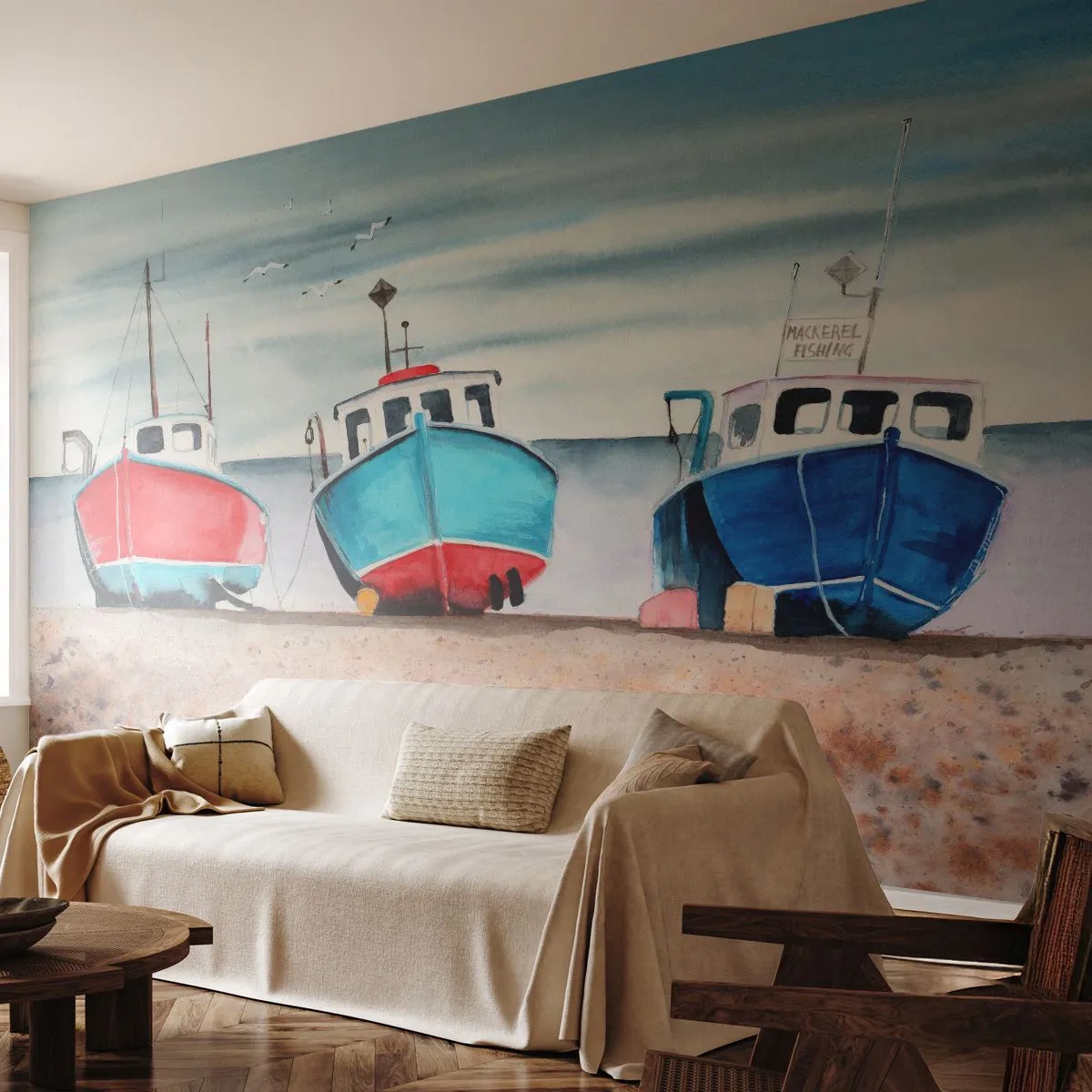 Fototapete Premium Sand - Drei bunte Fischerboote am Strand im malerischen Stil - 100x70cm - Bereit zum Fang - Moderne Wanddekoration für Wohnzimmer und Schlafzimmer ARTTOR
