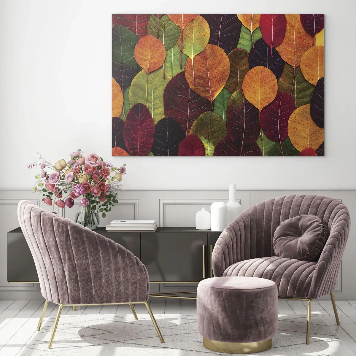 Glasbild - Bild auf glas - Bunte Herbstblätter kunstvoll arrangiert - 70x50cm - Herbstmosaik - Moderne Wanddekoration für Wohnzimmer und Schlafzimmer ARTTOR