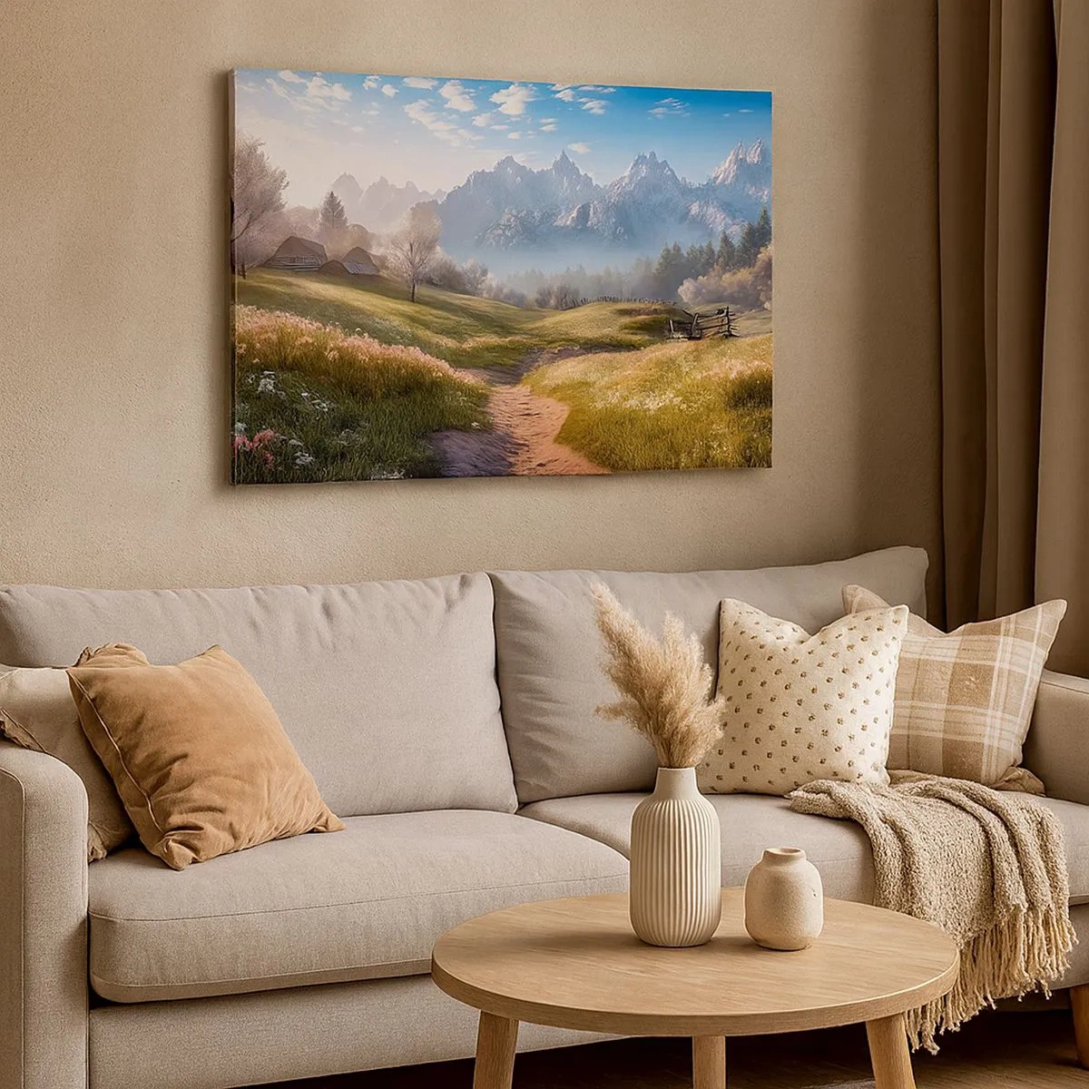 Bild auf Leinwand - Leinwandbild - Ein Bergtal mit Wiesen, Hütten und Blick auf die Gipfel - 70x50cm - Idyllisches Tal - Moderne Wanddekoration für Wohnzimmer und Schlafzimmer ARTTOR