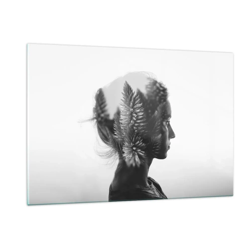 Glasbild - Bild auf glas - Eine Frau in Schwarz-Weiß mit einem darüber gelegten Nadelwaldmotiv - 120x80cm - Dame des Kiefernwaldes - Moderne Wanddekoration für Wohnzimmer und Schlafzimmer ARTTOR