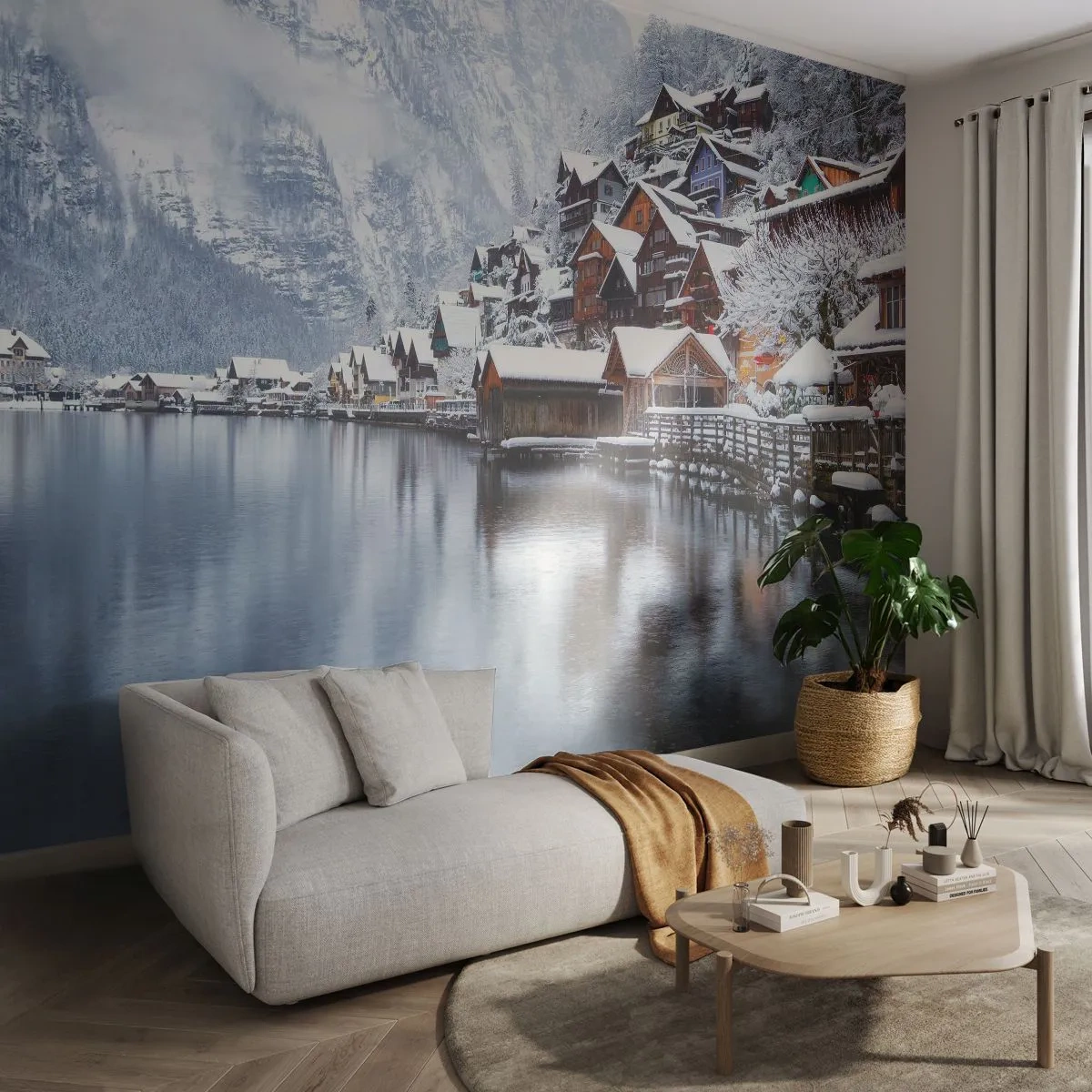 Fototapete Premium Sand - In winterlicher Dekoration - Landschaft, Bergsiedlung, Winter - 100x70 cm