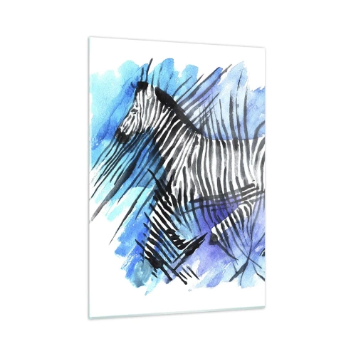 Glasbild - Bild auf glas - Ein Zebra in einer künstlerischen Aquarellkomposition vor blauem Hintergrund - 50x70cm - In Streifen versteckt - Moderne Wanddekoration für Wohnzimmer und Schlafzimmer ARTTOR