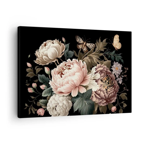 Bild auf Leinwand - Leinwandbild - Ein Strauß rosa Blumen und Schmetterlinge auf schwarzem Hintergrund - 70x50cm - Im Barockstil - Moderne Wanddekoration für Wohnzimmer und Schlafzimmer ARTTOR