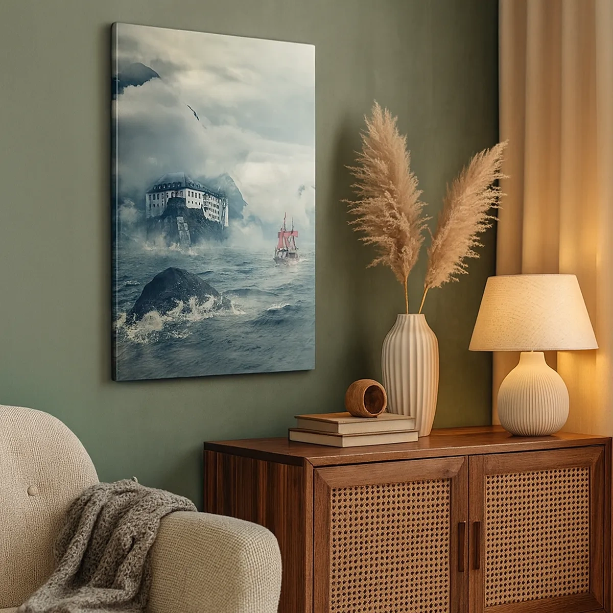 Bild auf Leinwand - Leinwandbild - Eine geheimnisvolle Landschaft mit einem Schloss, Bergen und einem Schiff - 50x70cm - In magischen Gewässern - Moderne Wanddekoration für Wohnzimmer und Schlafzimmer ARTTOR