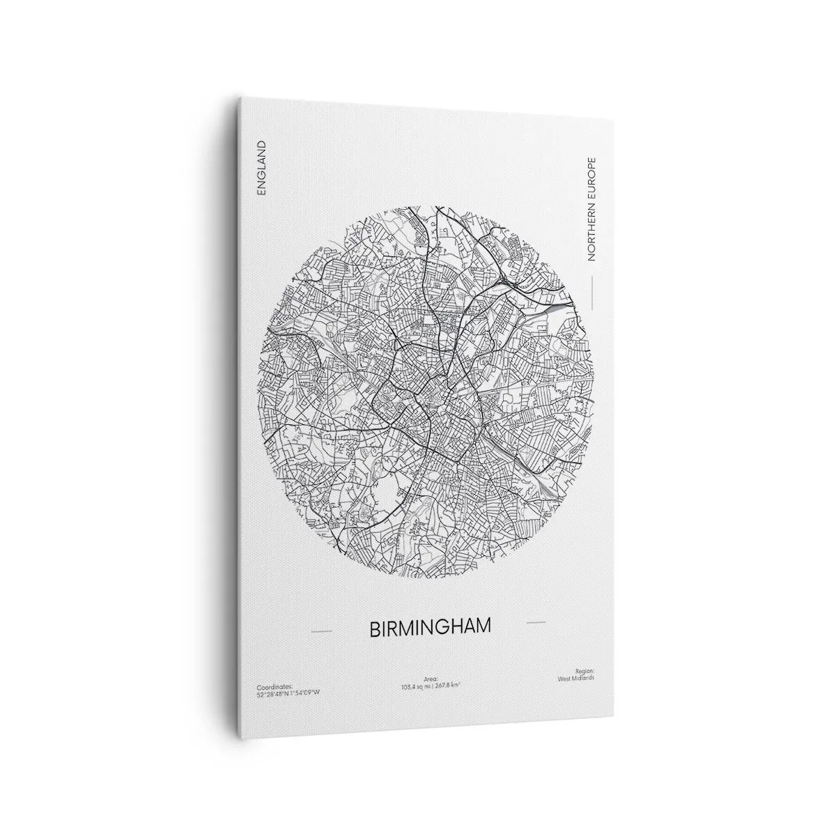 Bild auf Leinwand - Leinwandbild - Eine minimalistische Schwarzweißkarte von Birmingham mit präzisen Details. - 80x120cm - Anatomie von Birmingham - Moderne Wanddekoration für Wohnzimmer und Schlafzimmer ARTTOR