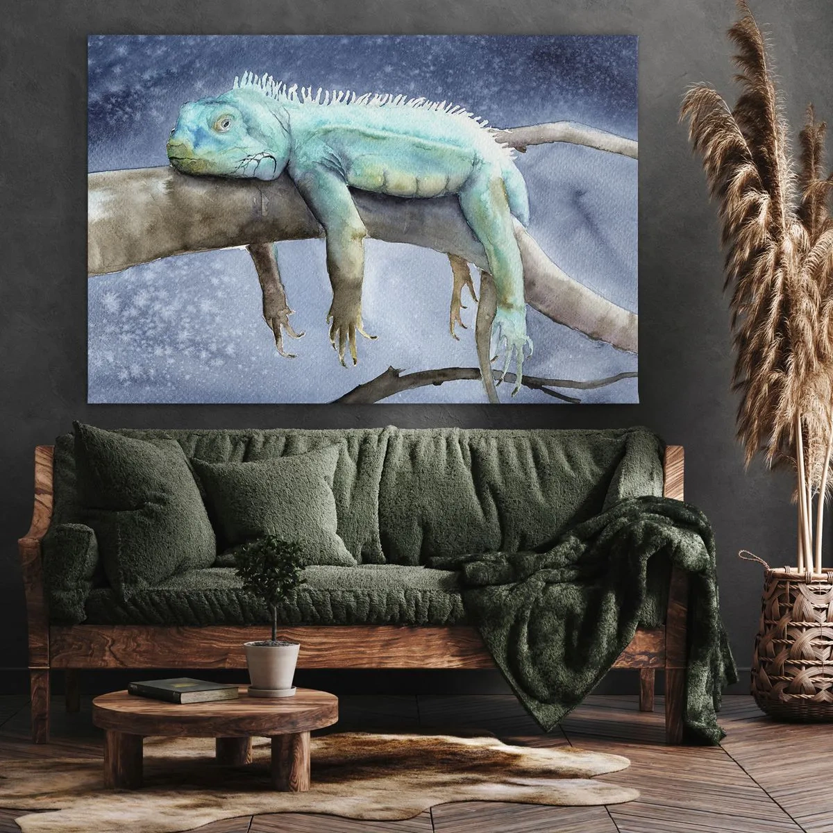 Bild auf Leinwand - Leinwandbild - Blauer Leguan ruht auf einem Ast - 70x50cm - Es ist gut! - Moderne Wanddekoration für Wohnzimmer und Schlafzimmer ARTTOR