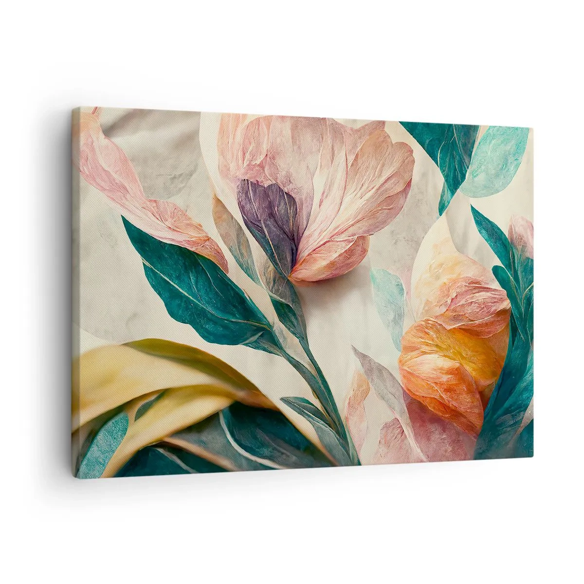 Bild auf Leinwand - Leinwandbild - Bunte Blumen im tropischen Stil auf hellem Hintergrund - 70x50cm - Blumen der südlichen Inseln - Moderne Wanddekoration für Wohnzimmer und Schlafzimmer ARTTOR