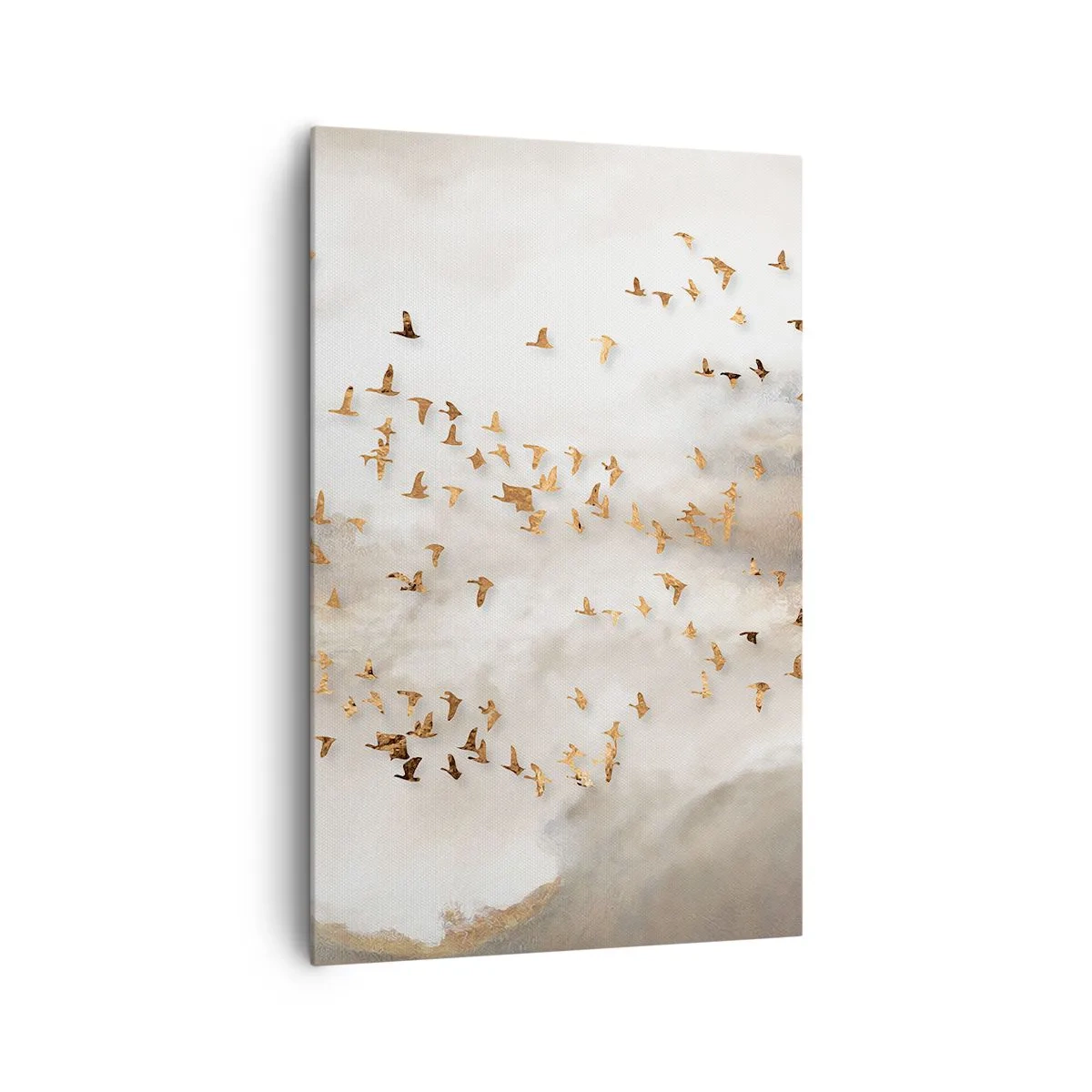 Bild auf Leinwand - Leinwandbild - Goldene Vögel vor den nebligen Bergen - 80x120cm - Es ist schon die Zeit… - Moderne Wanddekoration für Wohnzimmer und Schlafzimmer ARTTOR