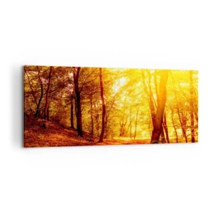 Bild auf Leinwand - Leinwandbild - Herbstlichtung im goldenen Sonnenlicht mit einem Waldweg - 120x50cm - Auf die goldene Lichtung - Moderne Wanddekoration für Wohnzimmer und Schlafzimmer ARTTOR
