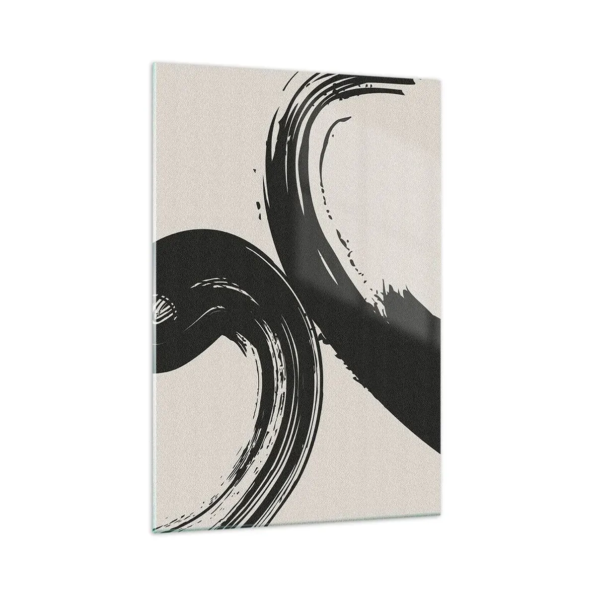 Glasbild - Bild auf glas - Dynamische Pinselstriche in Schwarz auf hellem Hintergrund - 70x100cm - Ausladend und kreisförmig - Moderne Wanddekoration für Wohnzimmer und Schlafzimmer ARTTOR