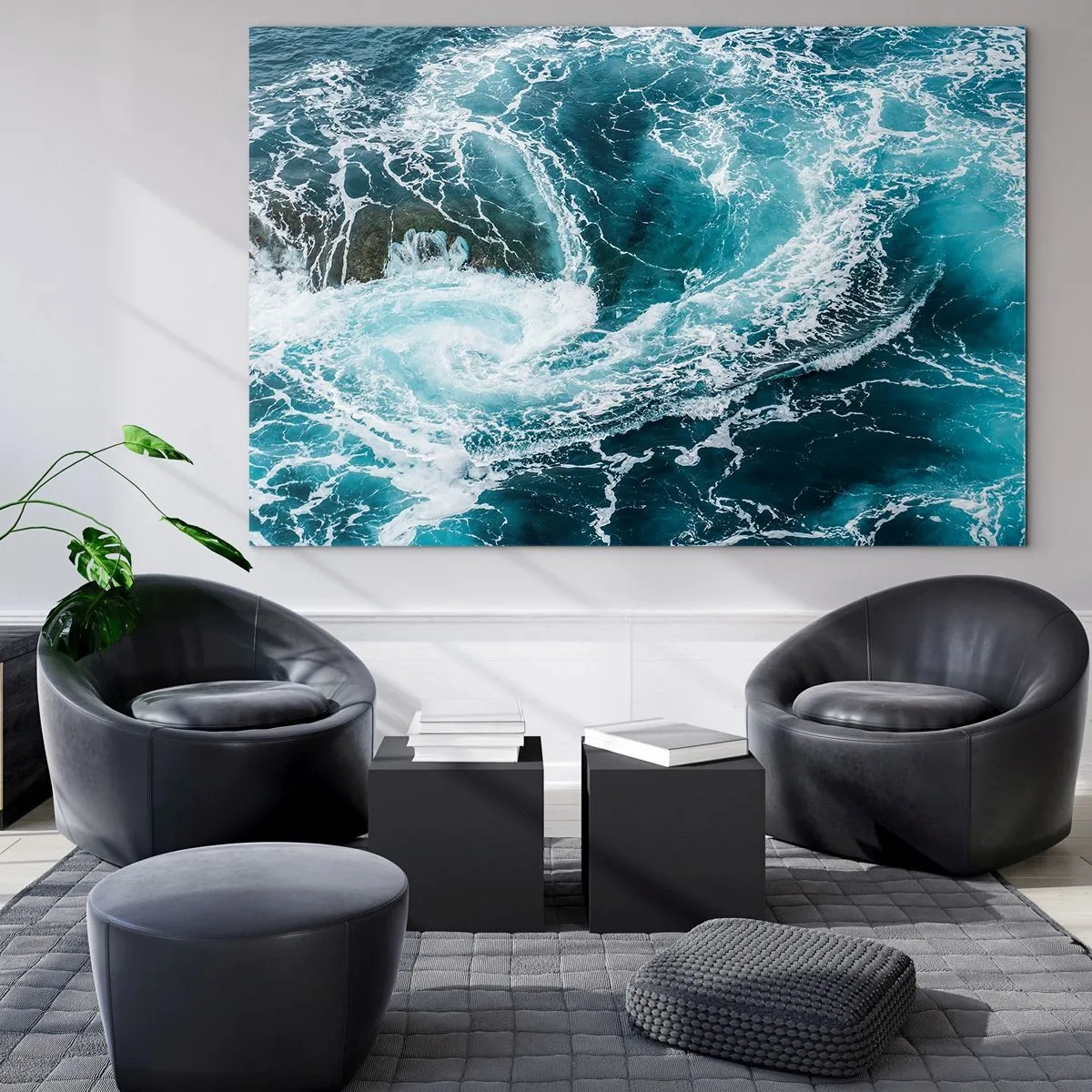 Glasbild - Bild auf glas - Ein Ozeanstrudel, umgeben von weißen Wellen im blauen Wasser - 70x50cm - Das Tor zum Mittelpunkt der Erde - Moderne Wanddekoration für Wohnzimmer und Schlafzimmer ARTTOR