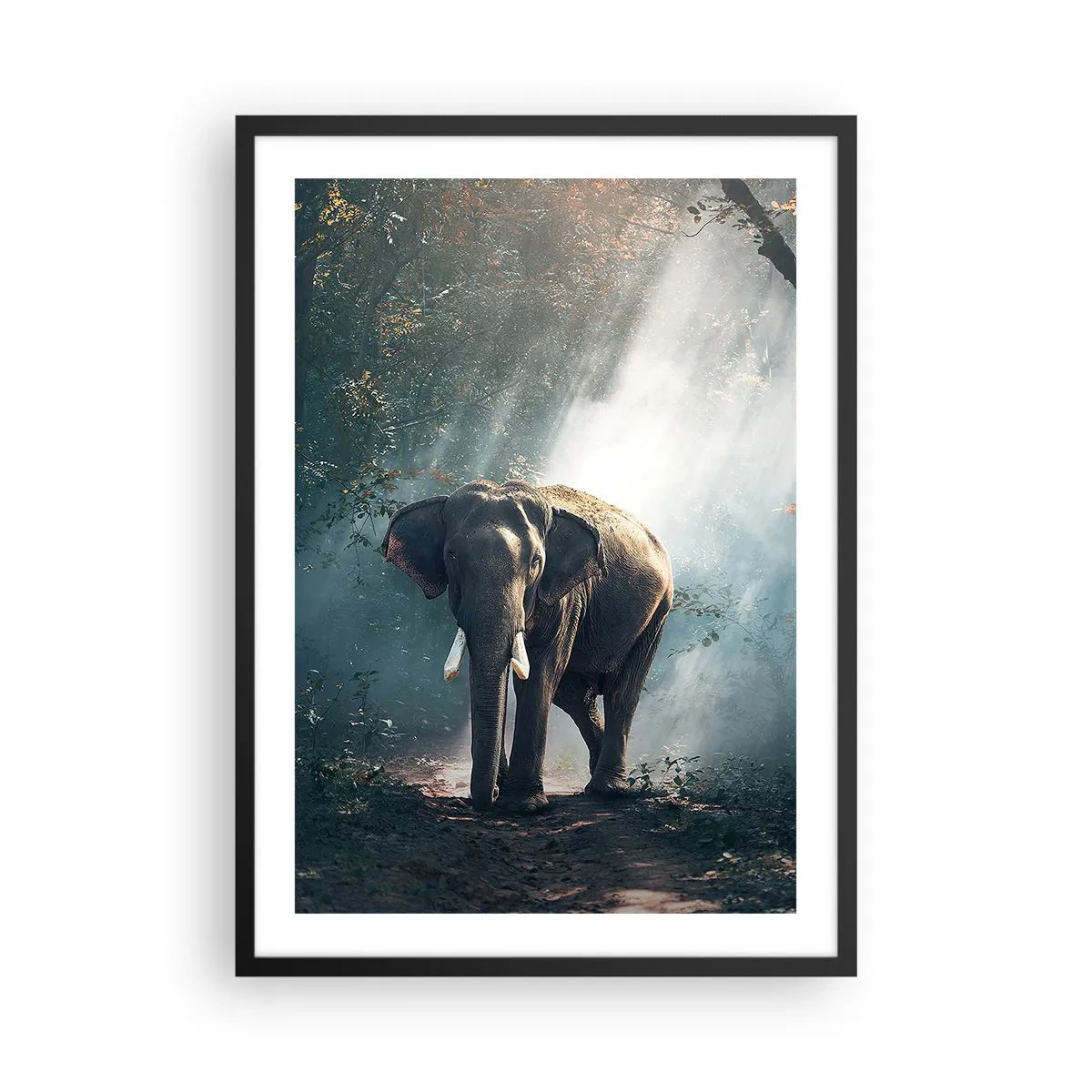 Poster in einem schwarzem Rahmen - Ein Elefant sonnt sich in einem dichten Wald - 50x70cm - Ein gemütlicher Spaziergang - Moderne Wanddekoration für Wohnzimmer und Schlafzimmer ARTTOR