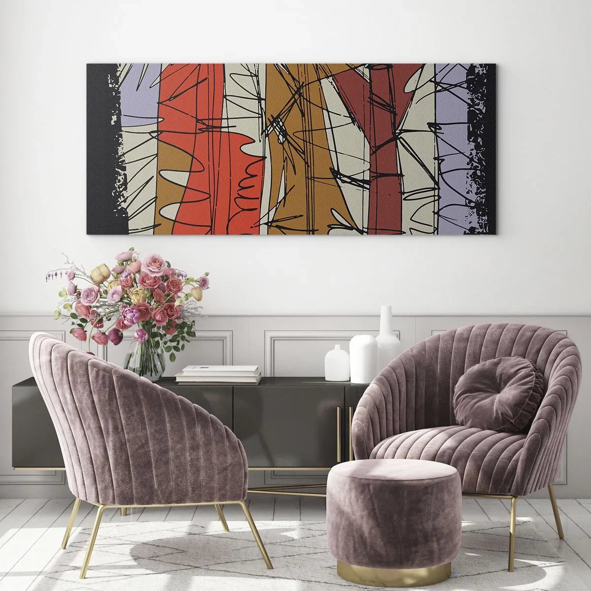 Glasbild - Bild auf glas - Abstrakte Komposition in intensiven Farben - 160x50cm - Spontane Komposition - Moderne Wanddekoration für Wohnzimmer und Schlafzimmer ARTTOR
