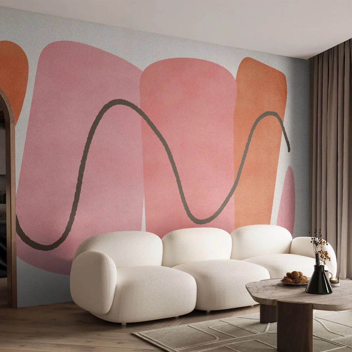Fototapete Premium Sand - Abstrakte Pastellformen mit schwarzen Linien - 100x70cm - Sanfte Bewegung der Formen - Moderne Wanddekoration für Wohnzimmer und Schlafzimmer ARTTOR
