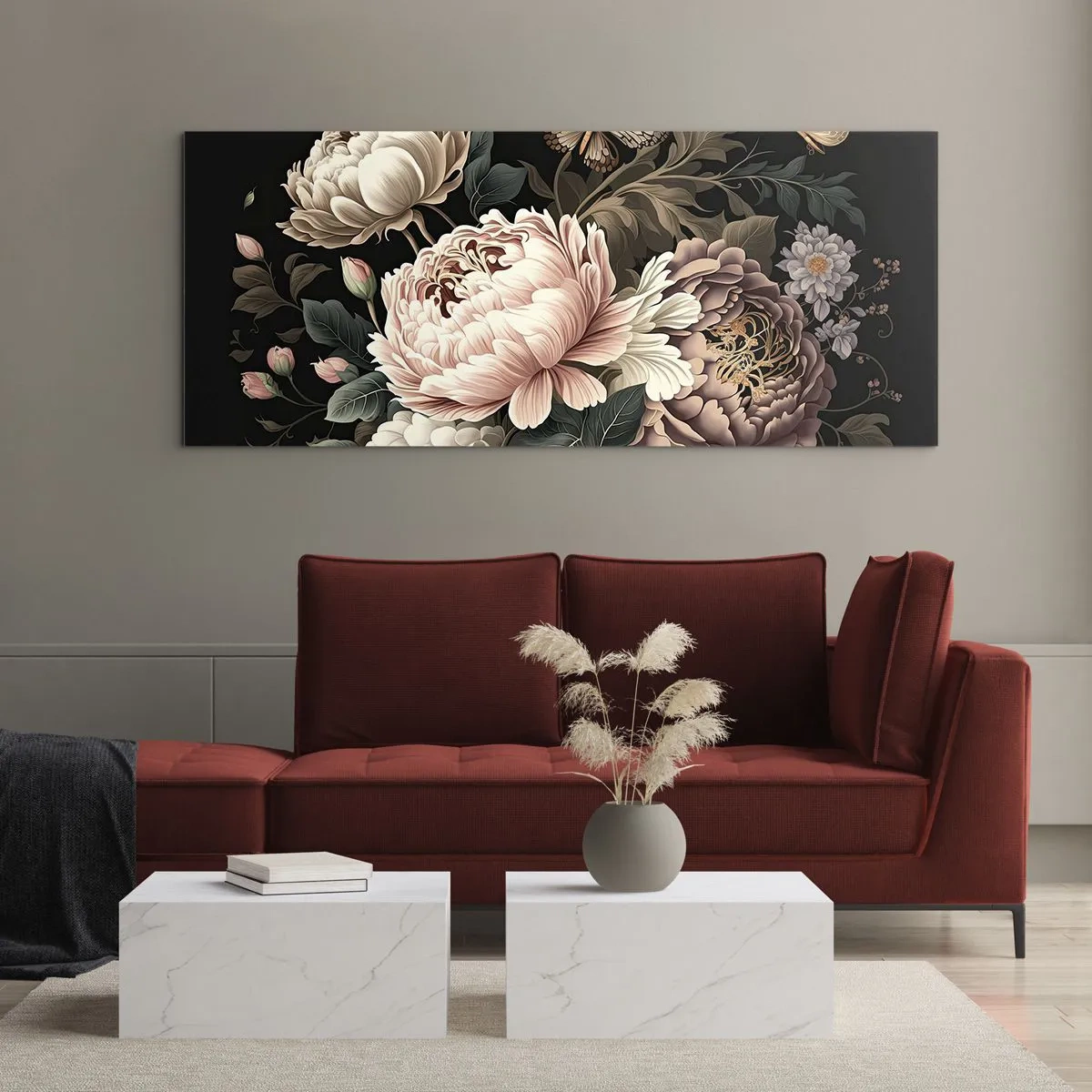 Glasbild - Bild auf glas - Ein Strauß rosa Blumen und Schmetterlinge auf schwarzem Hintergrund - 140x50cm - Im Barockstil - Moderne Wanddekoration für Wohnzimmer und Schlafzimmer ARTTOR