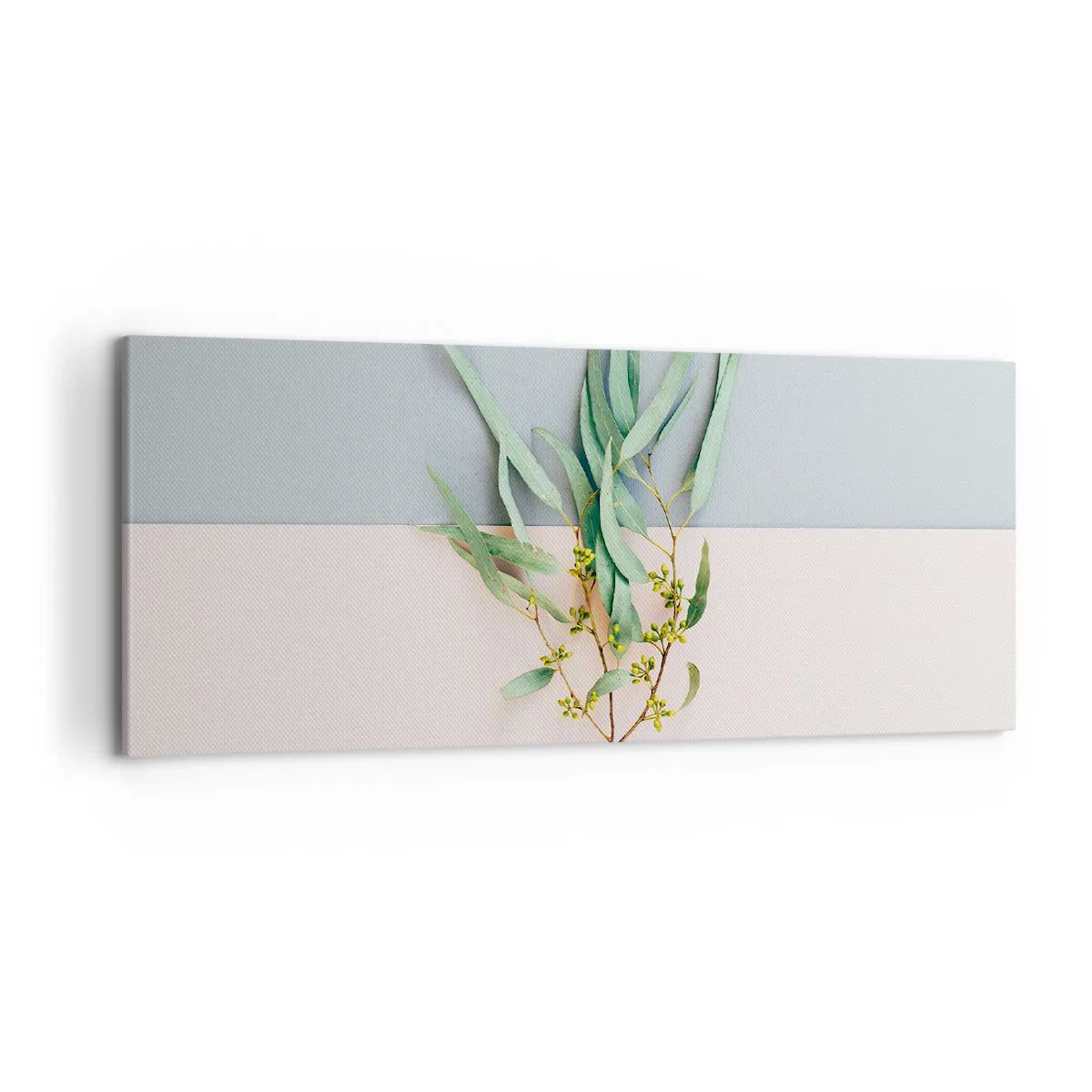 Bild auf Leinwand - Leinwandbild - Ein Zweig mit Blättern auf einem Hintergrund in Pastelltönen - 120x50cm - Pastellige Subtilität - Moderne Wanddekoration für Wohnzimmer und Schlafzimmer ARTTOR