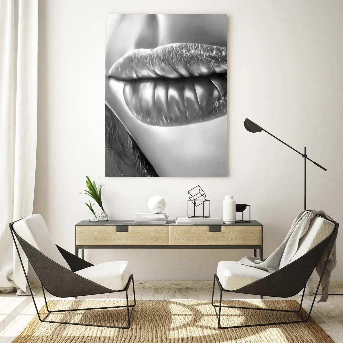 Glasbild - Bild auf glas - Sinnlich-feminine Lippen in monochromen Tönen - 50x70cm - Ich weiß, was du denkst… - Moderne Wanddekoration für Wohnzimmer und Schlafzimmer ARTTOR