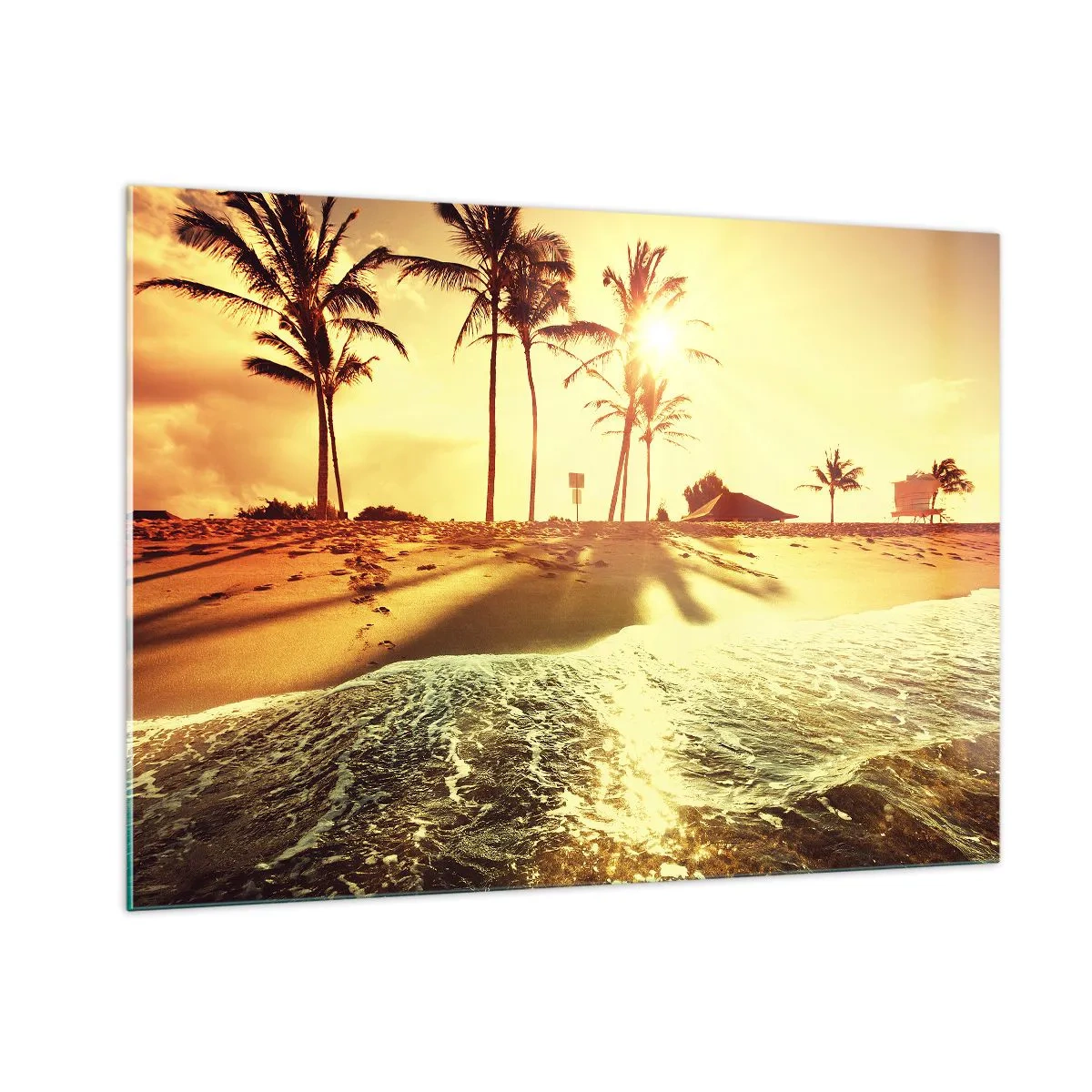 Glasbild - Bild auf glas - Goldener Strand mit Palmen bei Sonnenuntergang und ruhigem Meer - 100x70cm - Kalifornien am Nachmittag - Moderne Wanddekoration für Wohnzimmer und Schlafzimmer ARTTOR