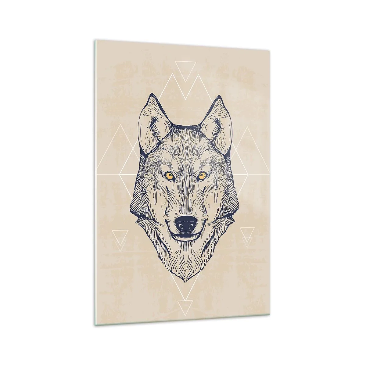 Glasbild - Bild auf glas - Ein geometrischer Wolf auf hellem Hintergrund mit minimalistischen Mustern. - 70x100cm - Ein Alpha mit durchdringendem Blick - Moderne Wanddekoration für Wohnzimmer und Schlafzimmer ARTTOR