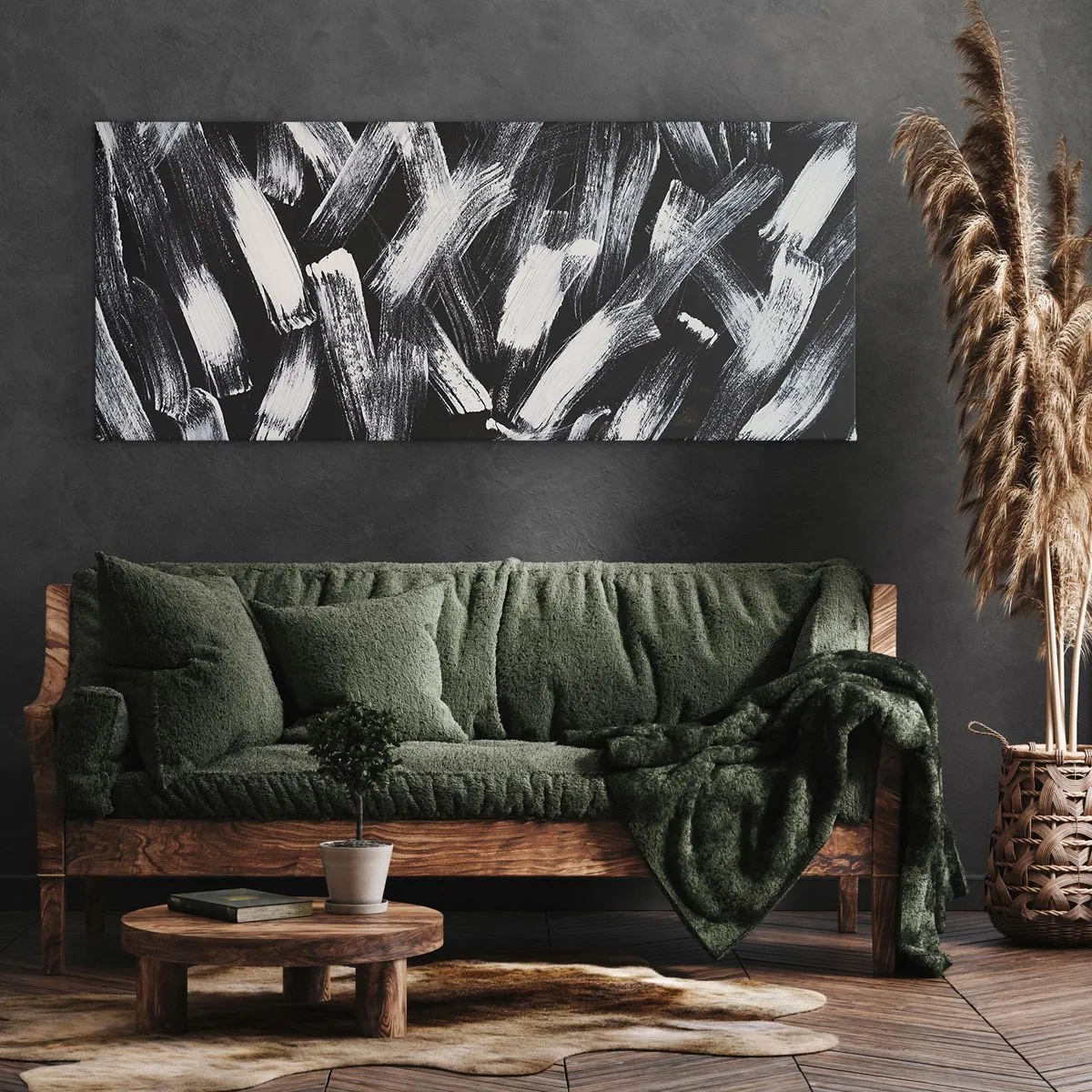 Bild auf Leinwand - Leinwandbild - Dynamische Abstraktion mit weißen Pinselstrichen auf schwarzem Hintergrund. - 160x50cm - Abstraktion im industriellen Geist - Moderne Wanddekoration für Wohnzimmer und Schlafzimmer ARTTOR
