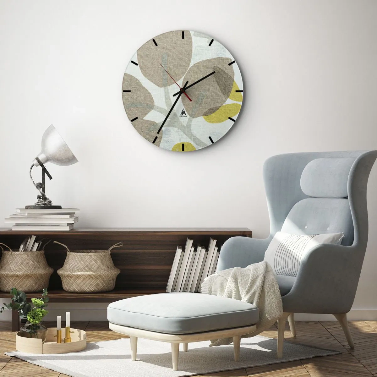 Wanduhr - Glasuhr - Pastellfarbene Blätter und gelbe Akzente auf einem strukturierten Leinenhintergrund - 30x30cm - Komposition in voller Sonne - Moderne Wanddekoration für Wohnzimmer, Küche und Schlafzimmer ARTTOR