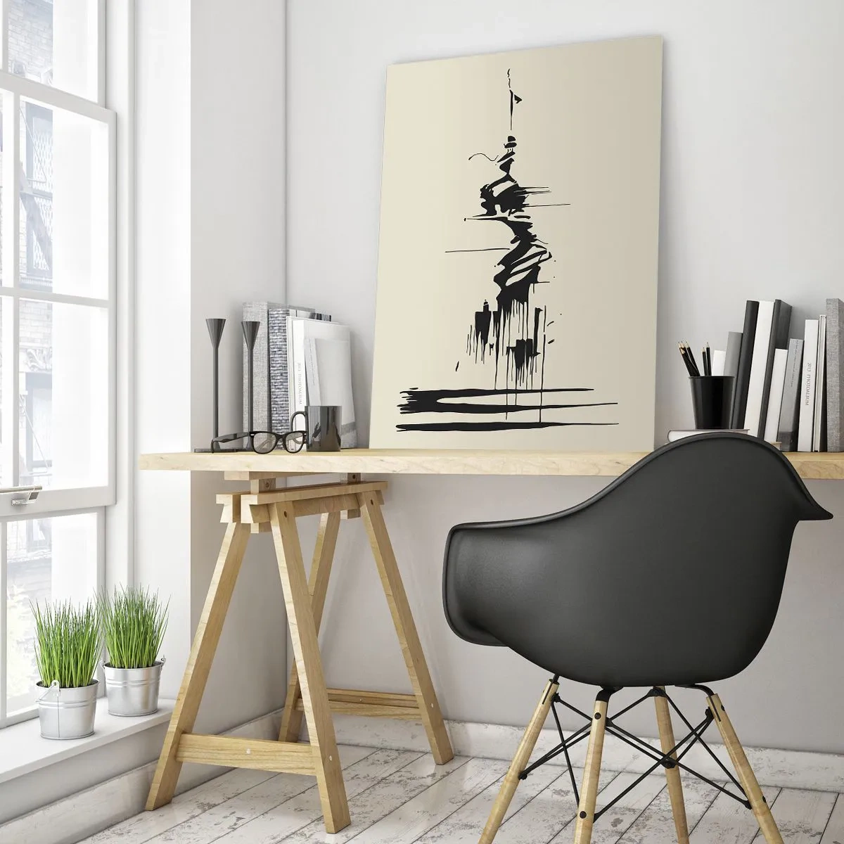 Glasbild - Bild auf glas - Schwarze dynamische Linien und Punkte auf hellem Hintergrund im abstrakten Stil. - 50x70cm - Hastige Abstraktion - Moderne Wanddekoration für Wohnzimmer und Schlafzimmer ARTTOR