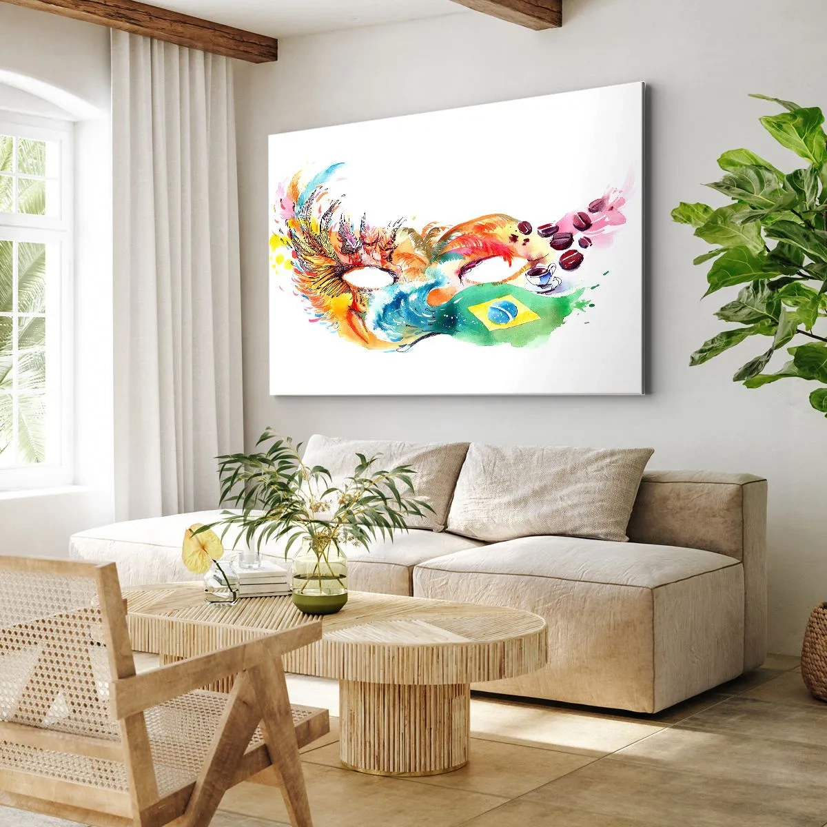 Bild auf Leinwand - Leinwandbild - Bunte Aquarellmaske, inspiriert von Brasilien - 120x80cm - Brasilien begrüßt Samba - Moderne Wanddekoration für Wohnzimmer und Schlafzimmer ARTTOR