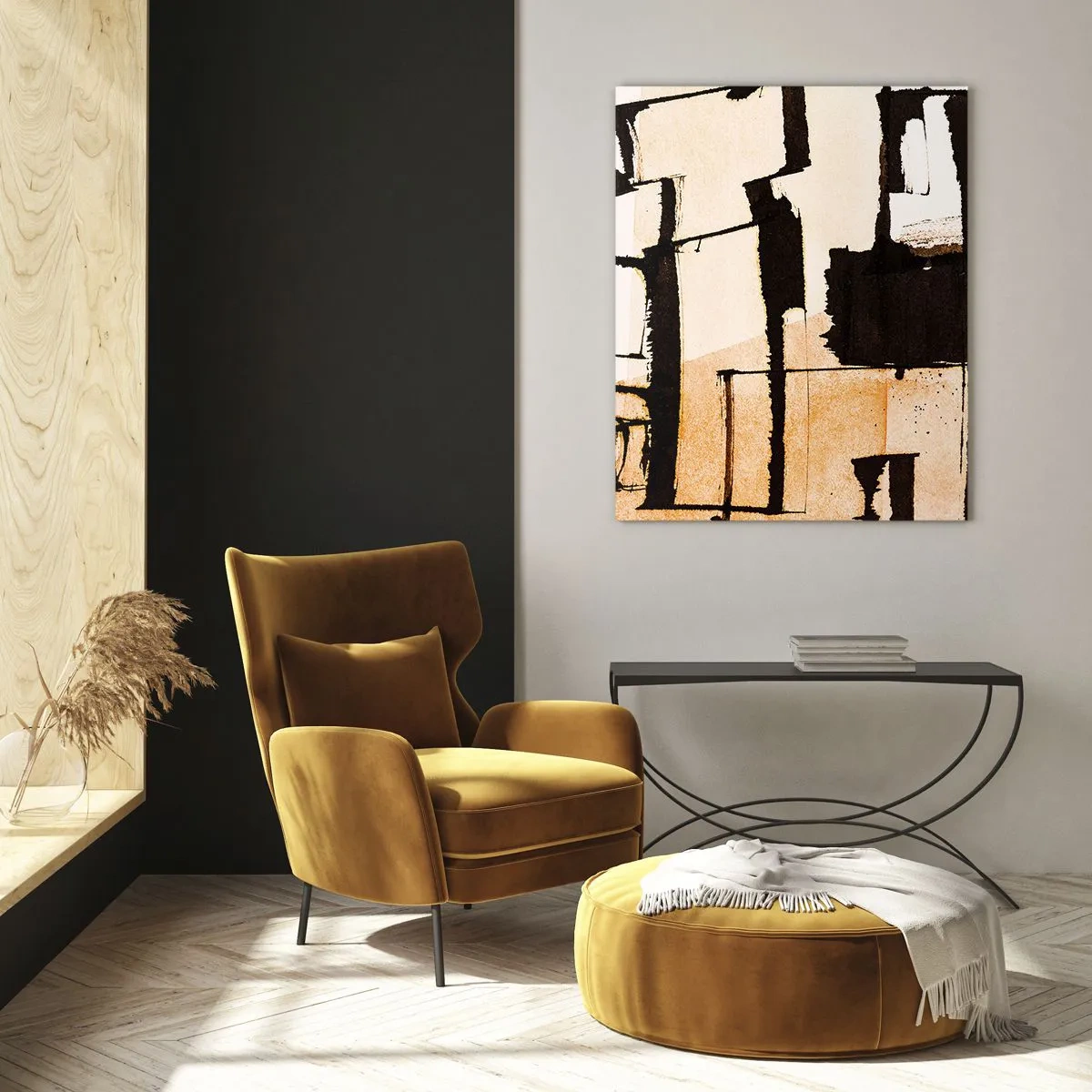 Glasbild - Bild auf glas - Geometrische Abstraktion in Beige- und Schwarztönen - 50x70cm - Also doch Ordnung - Moderne Wanddekoration für Wohnzimmer und Schlafzimmer ARTTOR