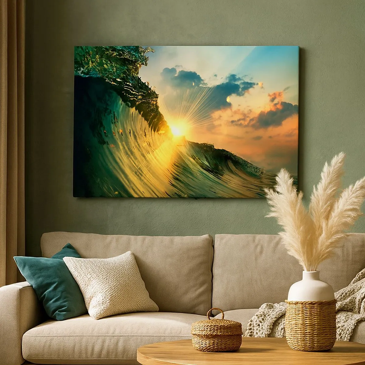 Bild auf Leinwand - Leinwandbild - Eine Welle mit untergehender Sonne und beleuchteten Wolken - 70x50cm - Surfer, wo bist du? - Moderne Wanddekoration für Wohnzimmer und Schlafzimmer ARTTOR