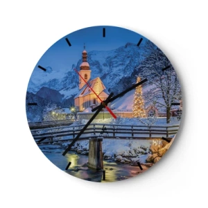 Wanduhr - Glasuhr - Kirche in winterlicher Umgebung mit Weihnachtsbaum - 30x30cm - Weihnachtsgeist - Moderne Wanddekoration für Wohnzimmer, Küche und Schlafzimmer ARTTOR